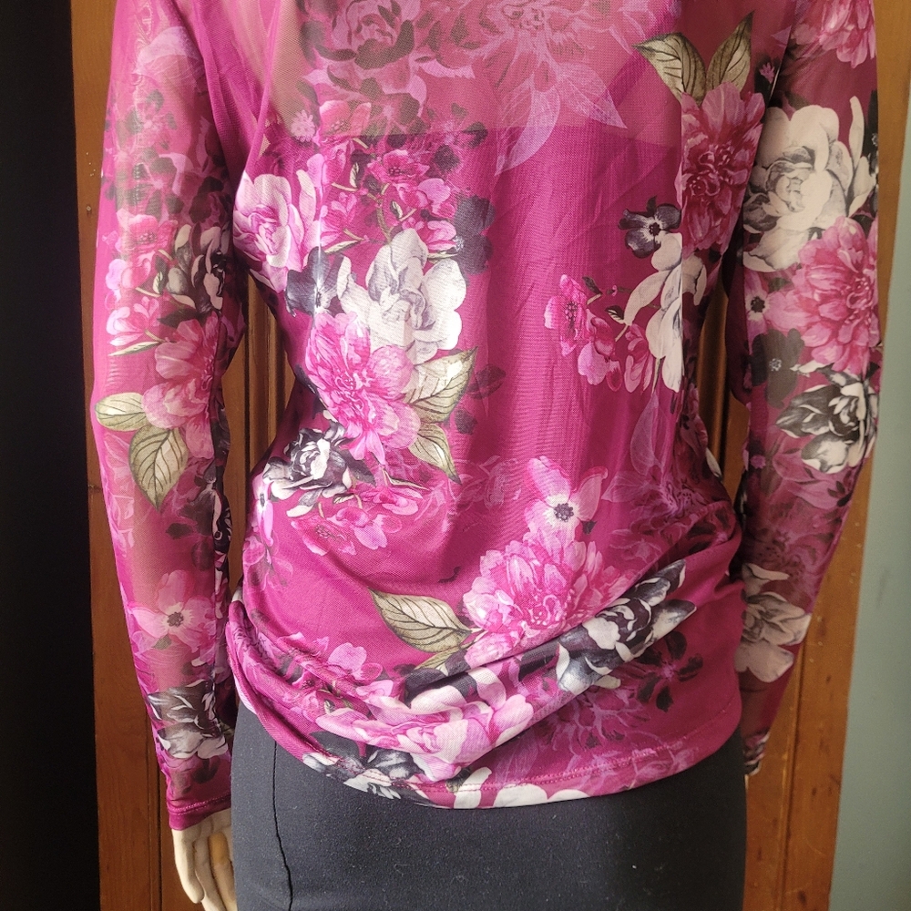 Vintage Y2K Ruched Sheer Mesh Floral Top Fairycore Romantic Club Wear M - Picture 9 of 16
